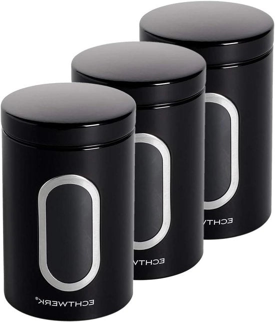 Set di contenitori in stile per 3 pezzi neri - per farina/zucchero/muesli/tè - chiusura ermetica - grande finestra di osservazione - 1,4L - 3 pezzi