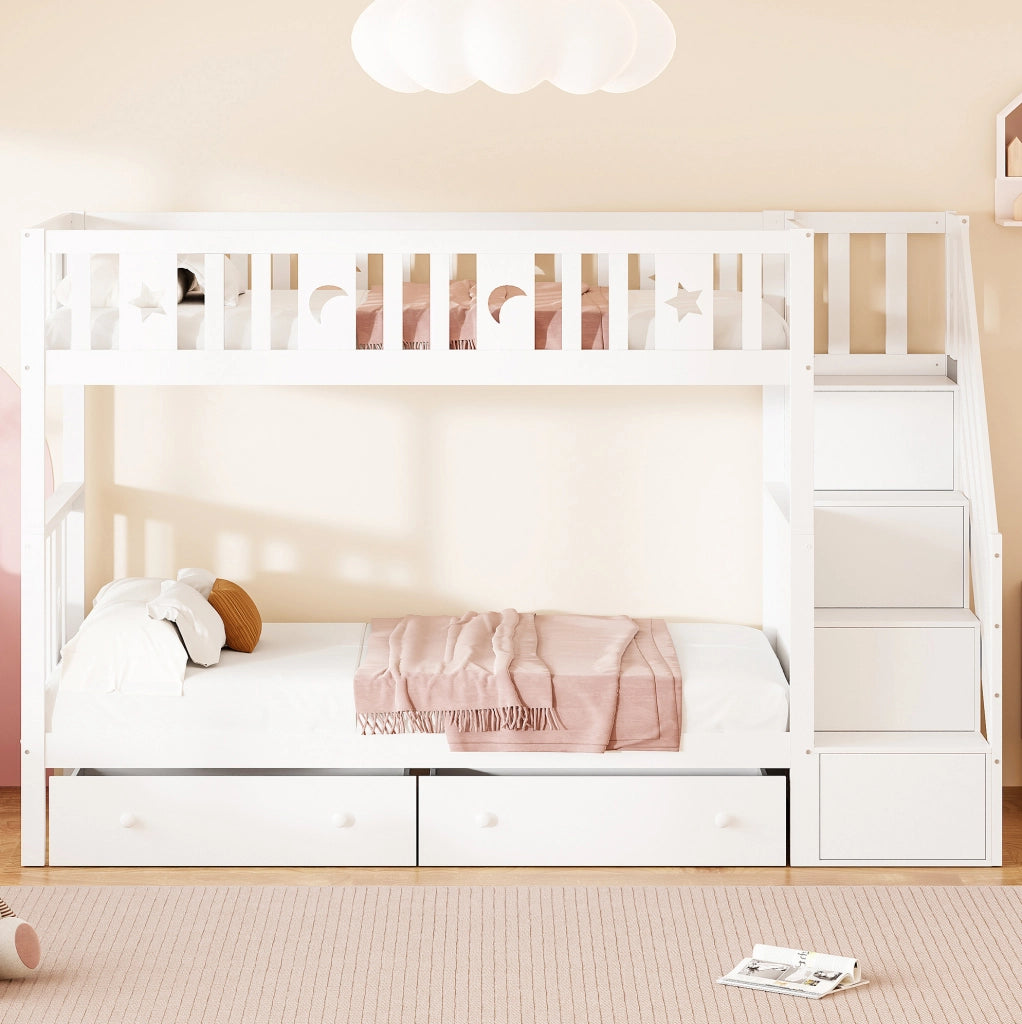 Letto a castello per bambini 90x200 cm con scala contenitore; 2 cassetti e rete a doghe; bianco
