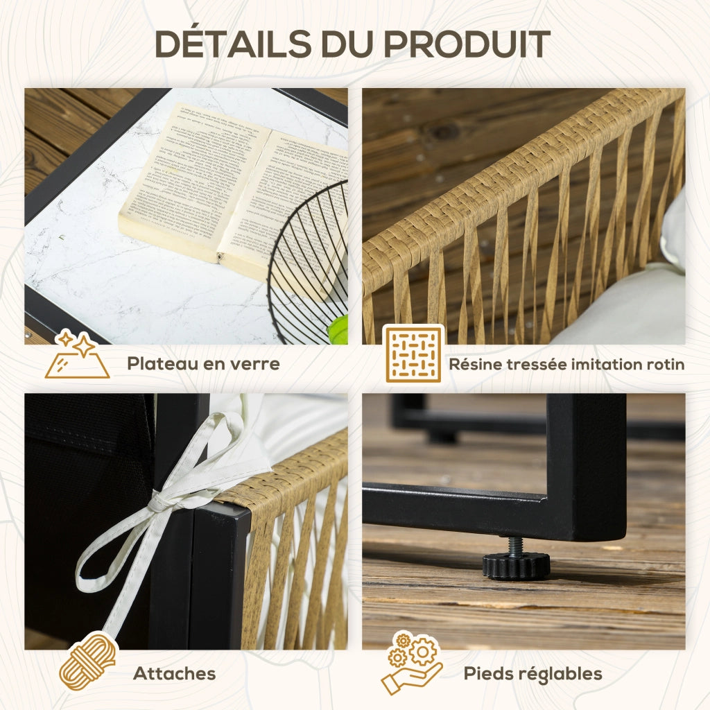 Set salotto da giardino 4 pezzi ¨C zephmum ¨C canap¨¦ 2 posti, 2 poltrone, tavolino vetro