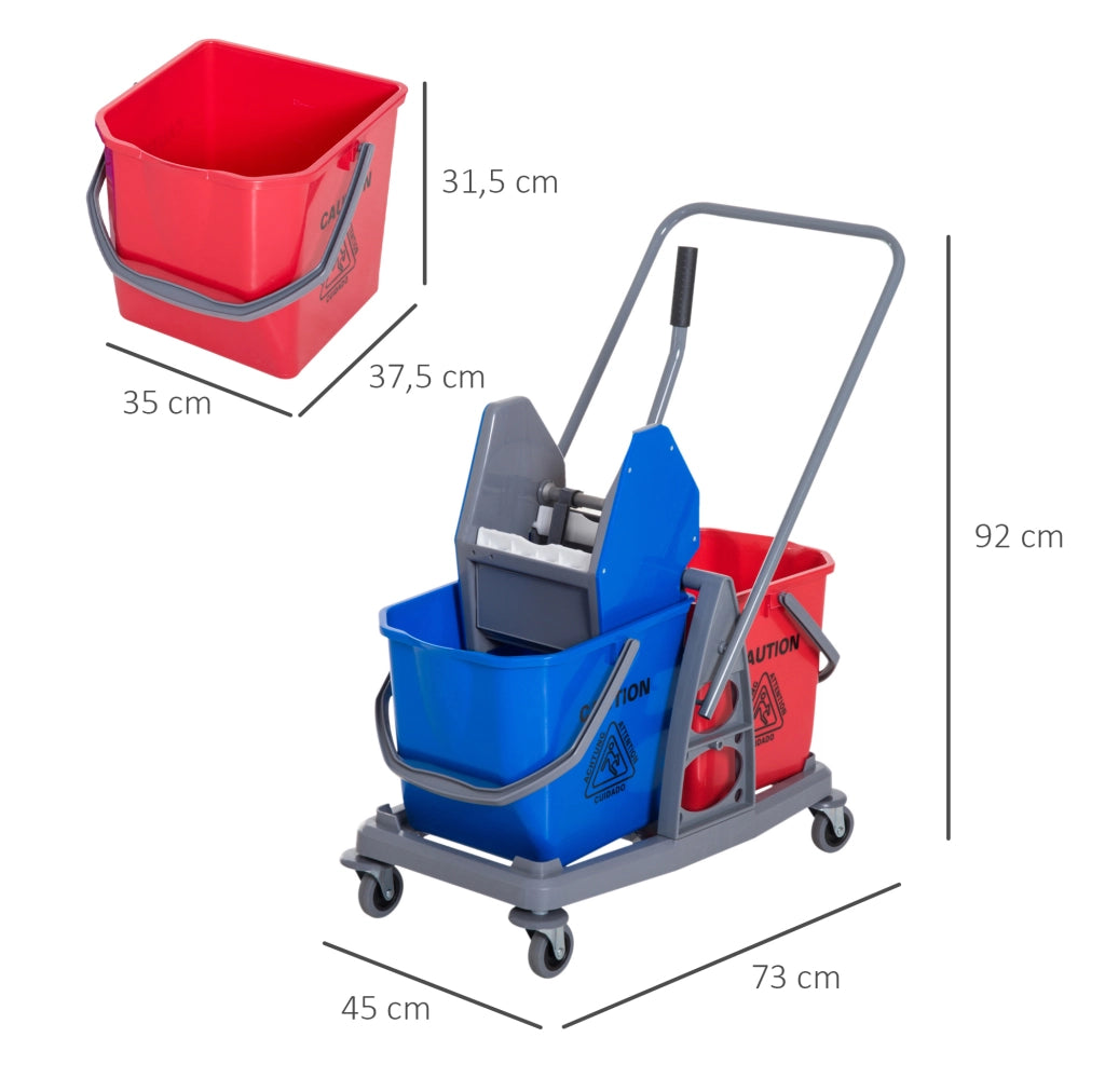 Carrello per pulizia con due secchi, strizzatore e quattro ruote