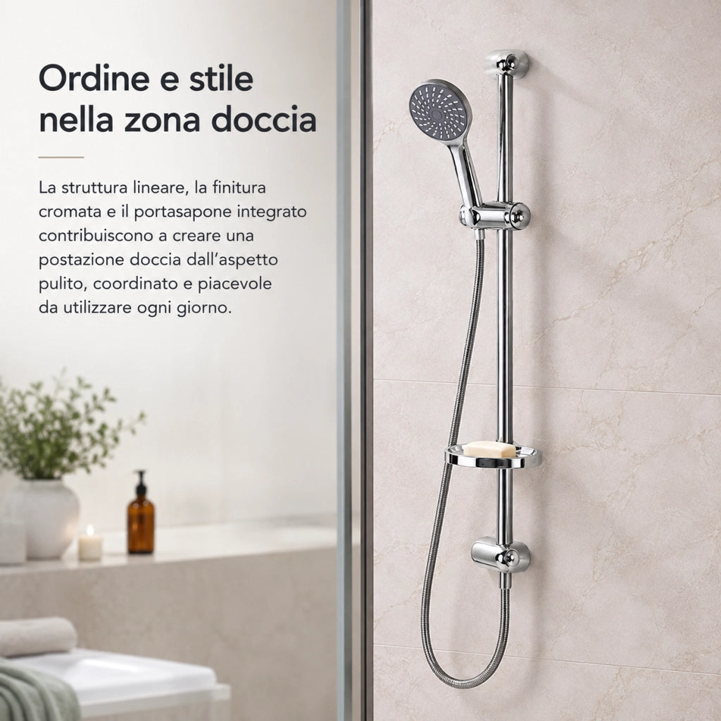 Saliscendi Doccia Cromato 60 cm Soffione Multigetto Tubo 180 cm 69133