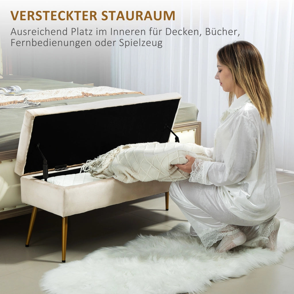 Panca contenitore in poliestere con coperchio a chiusura dolce e seduta trapuntata per ingresso beige 102 × 35 × 43 cm