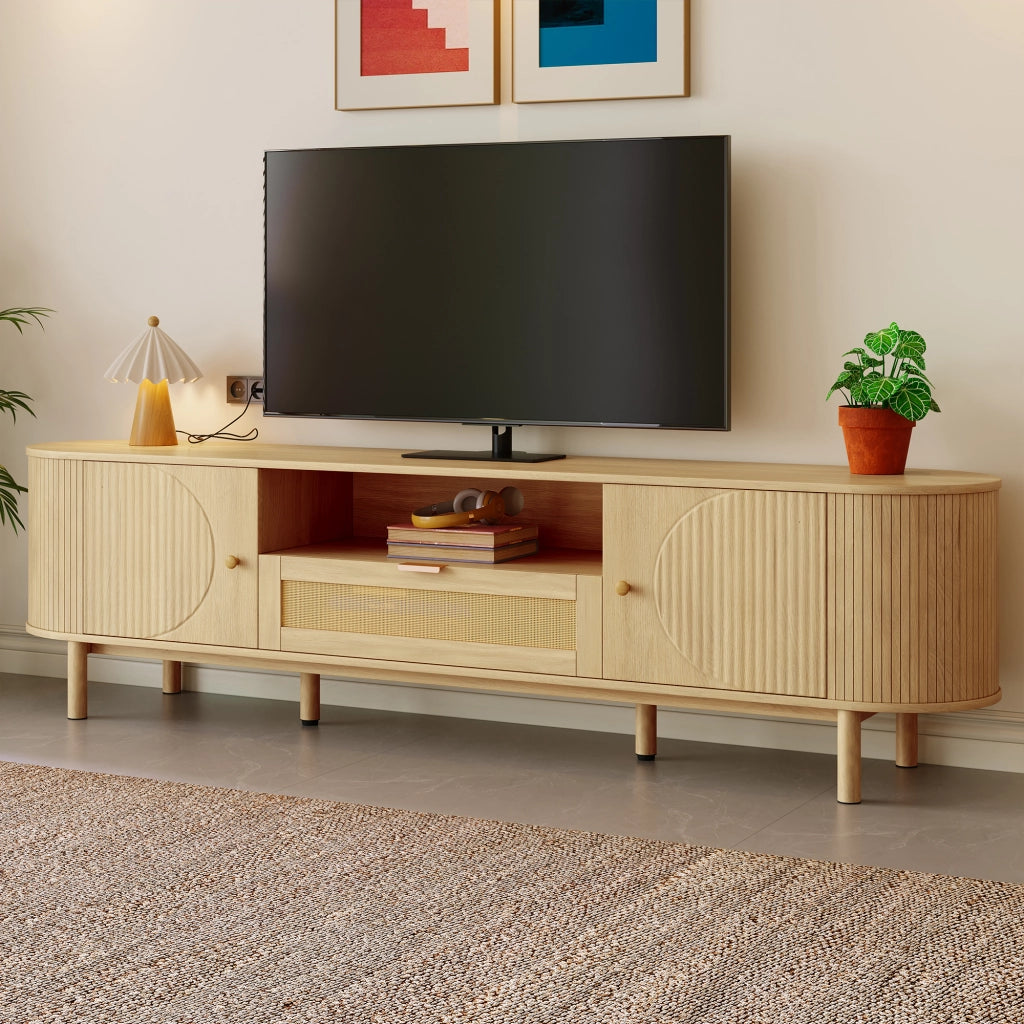OKWISH Mobile TV con 2 Ante, 1 Cassetto e Vani Aperti, Passacavi, Stile Naturale per Soggiorno, MDF, 175 × 36 × 51 cm