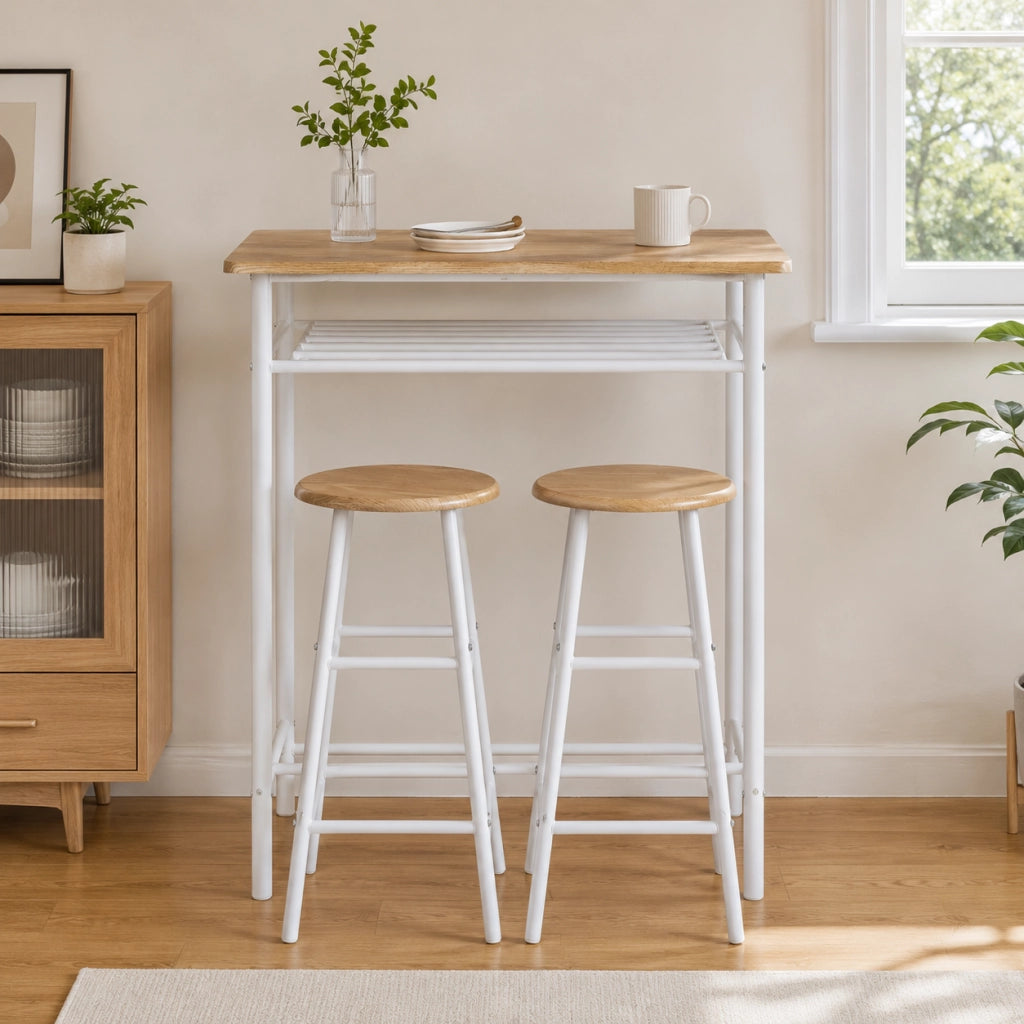 Set tavolo da bar con 2 sgabelli; 80x50x90 cm; salvaspazio in MDF bianco