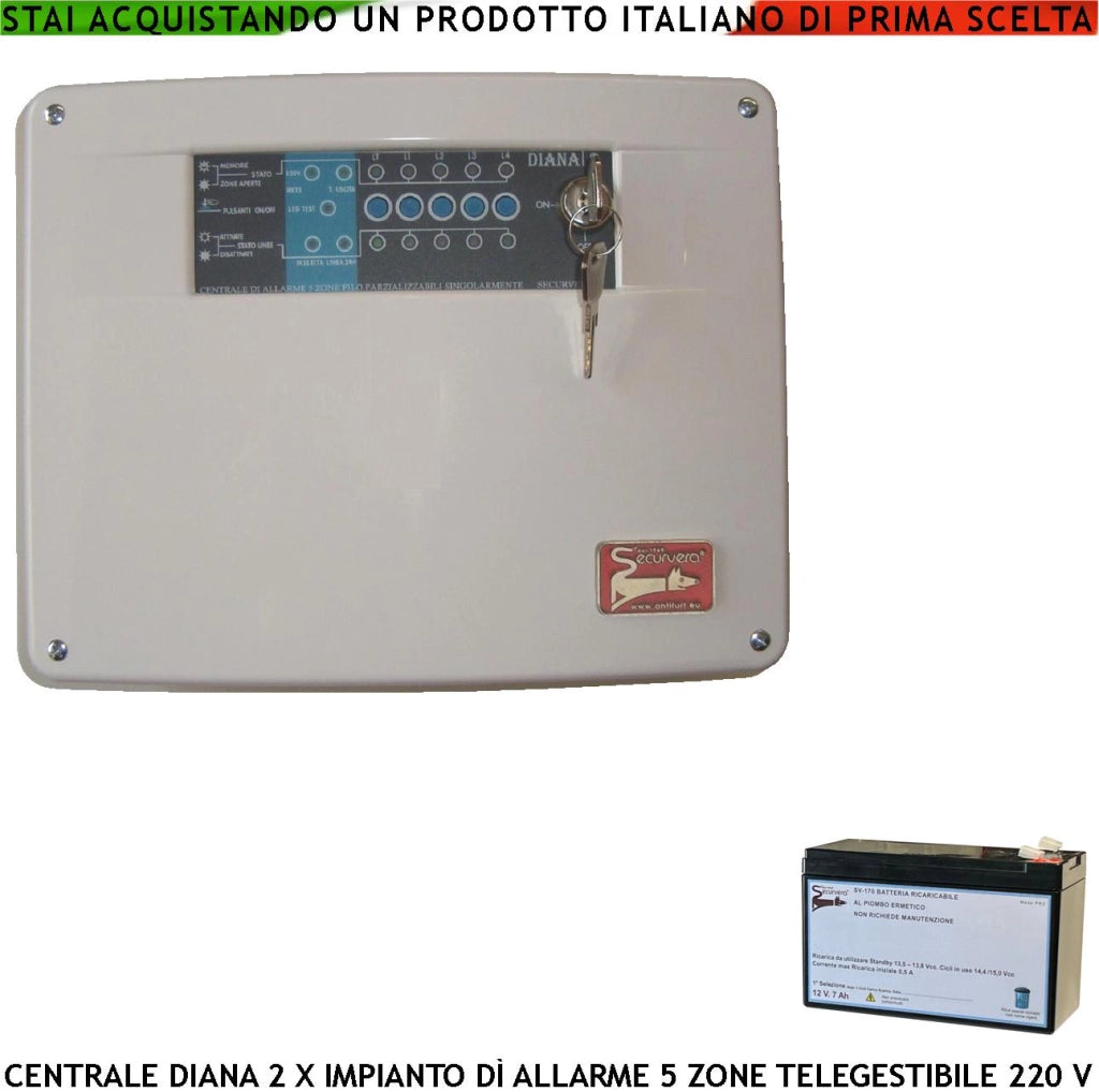 Diana Centrale 5 Zone Allarme Chiave Meccanica Batteria 12 V 7 Ah per Impianto Antifurto Filare. Gestisce Sensori Ingresso Per Comando Remoto o Telegestione Uscita Sirene Combinatore SOS Telecamere