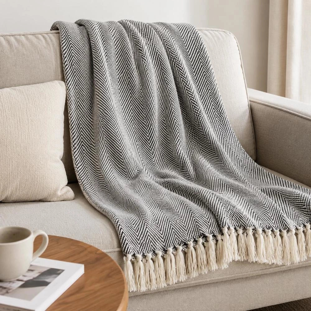 Cotton Throw With Herringbone Pattern, 160x210 Cm, Navy Blue
