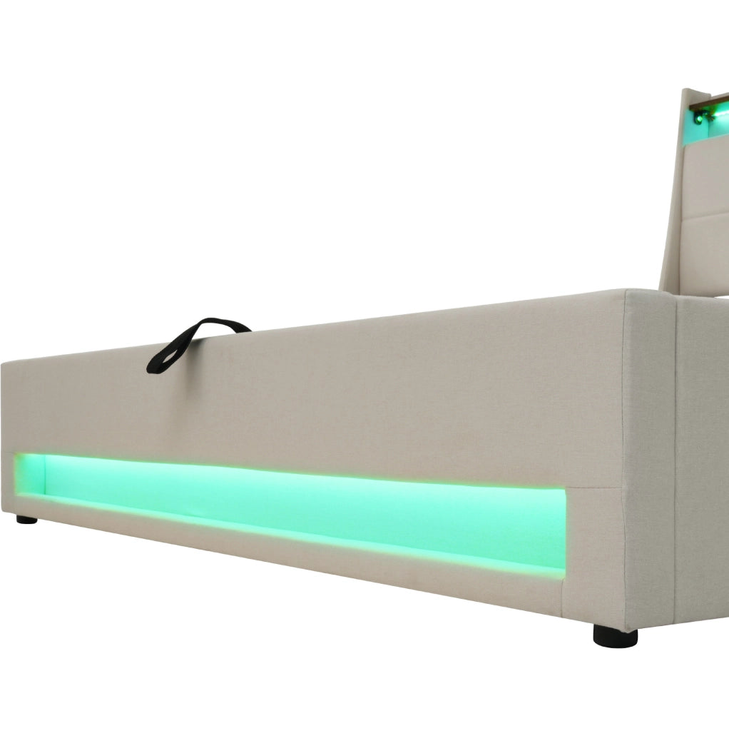 Letto matrimoniale imbottito 90x200 cm con LED e USB; in tessuto lino beige chiaro