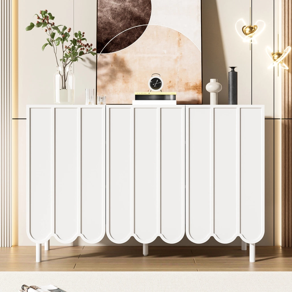 Credenza con 2 ante e ripiani regolabili, ante ondulate, per soggiorno e ingresso, bianco, 120 × 35 × 80 cm