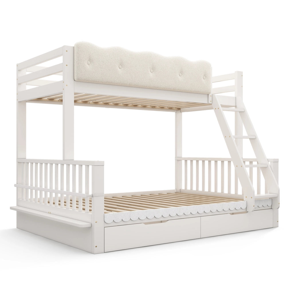 Letto a castello per bambini e adulti 90x200/140x200 cm in legno bianco con cassetti e portariviste
