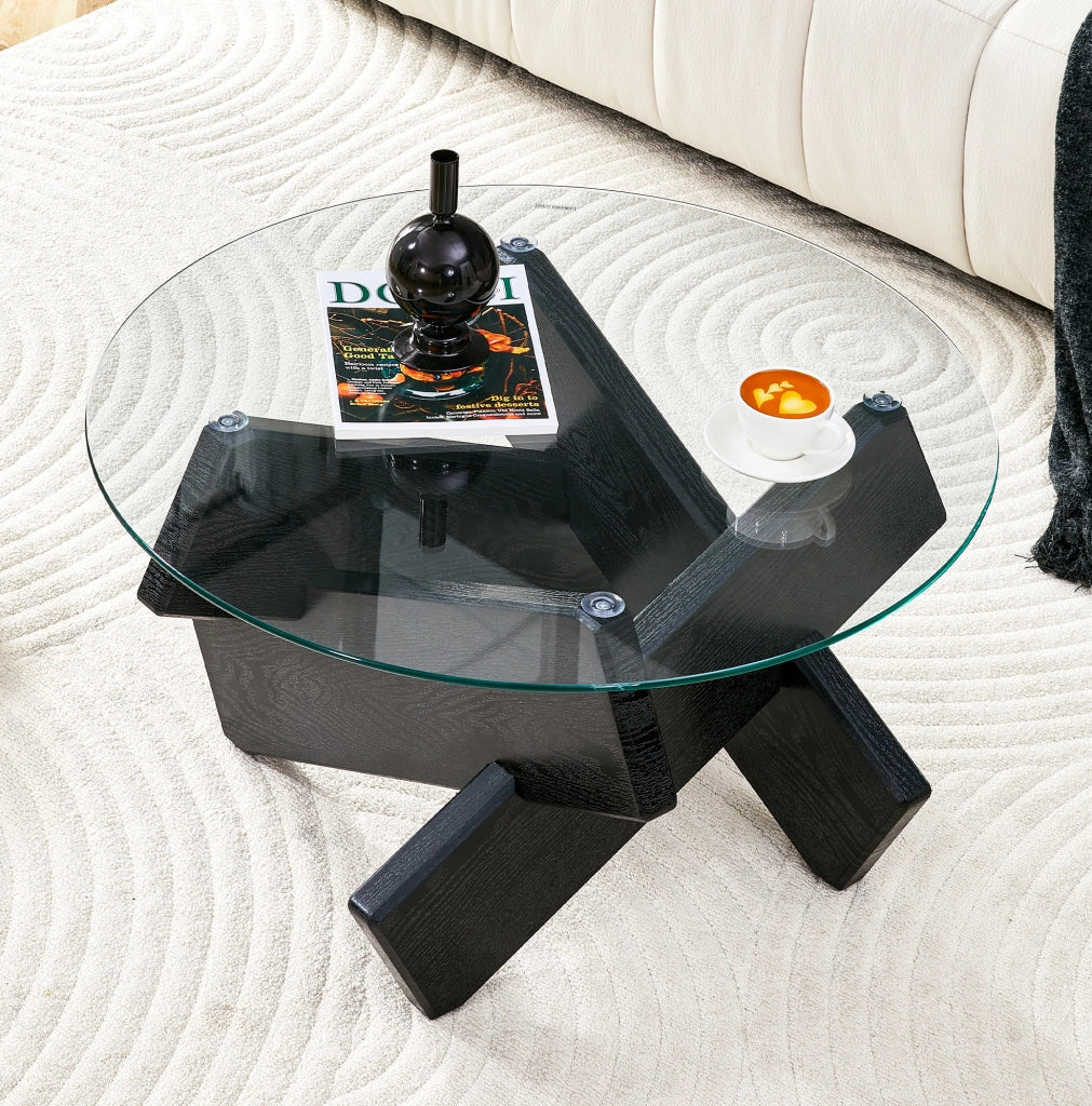 Tavolino da caffè rotondo 79 cm con piano in vetro e base incrociata in MDF e vetro nero trasparente