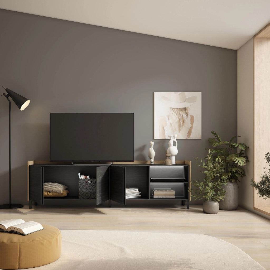 Mobile TV Soggiorno, 207x61x35 cm, Per TV fino a 80", Design industriale, LED, Nero e rovere