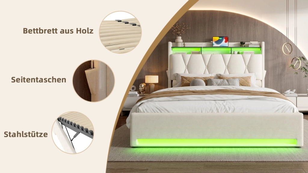 DESMIU Letto contenitore 160 × 200 cm 2 posti con LED, USB e Type-C, senza materasso, in velluto, beige