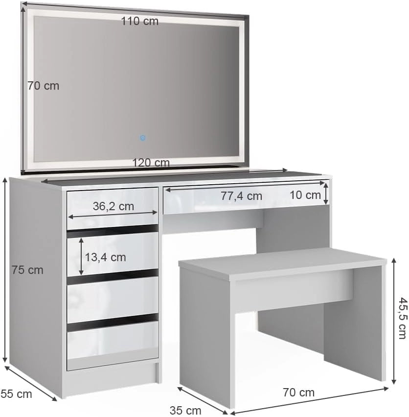 Tavolo da toeletta Sherry, Bianco, 120 cm con specchio a LED e panca, adatto per la cura quotidiana e per l’applicazione del trucco