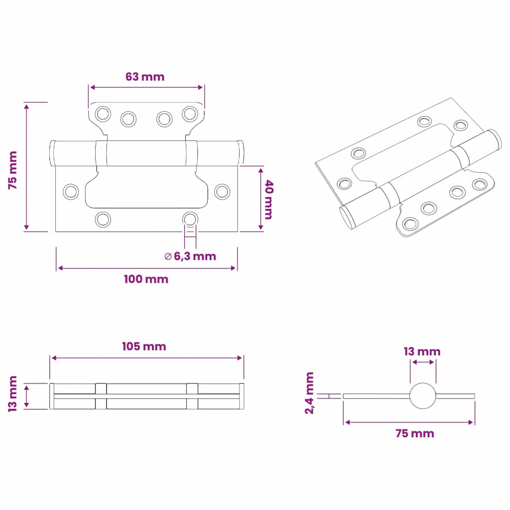 Cerniera 16 pz 100 x 75 x 13 mm Argento Acciaio 42041386