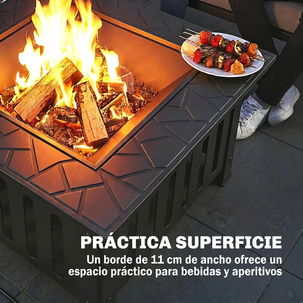 Braciere Quadrato da Giardino ¨C Xylo ¨C Acciaio Nero 67x67x47 cm con Attizzatoio e Coperchio
