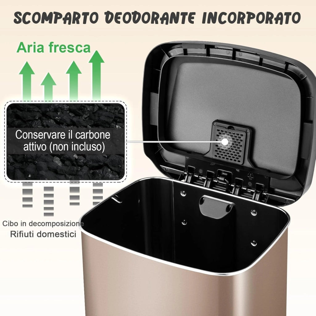 Bidone per Pattumiera da 50 L, Pattumiera da Cucina con Pedale, Coperchio e Scomparto Deodorante, Ideale per Casa Ufficio, Rosa Dorato/Argento (50L, Rosa dorato)