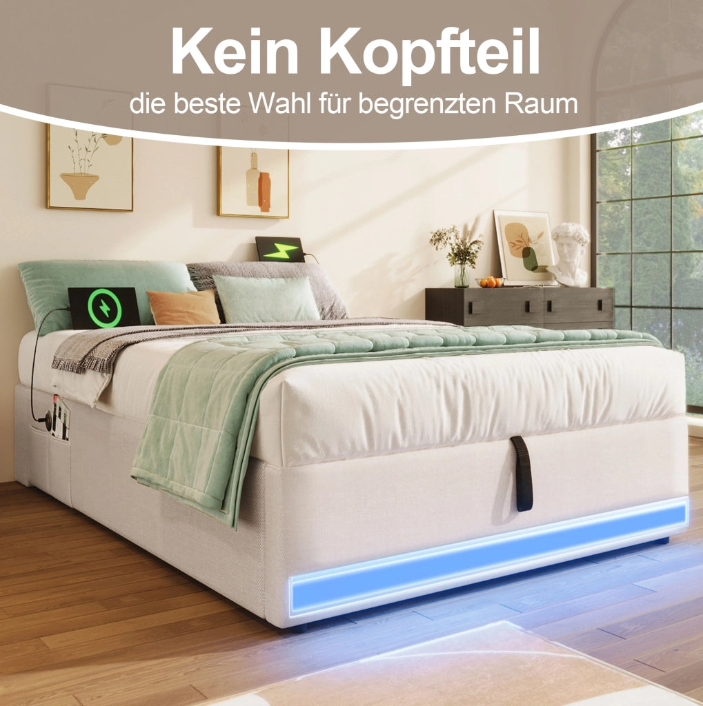 Letto imbottito 90x200 cm con LED, USB/Type-C e vano contenitore
