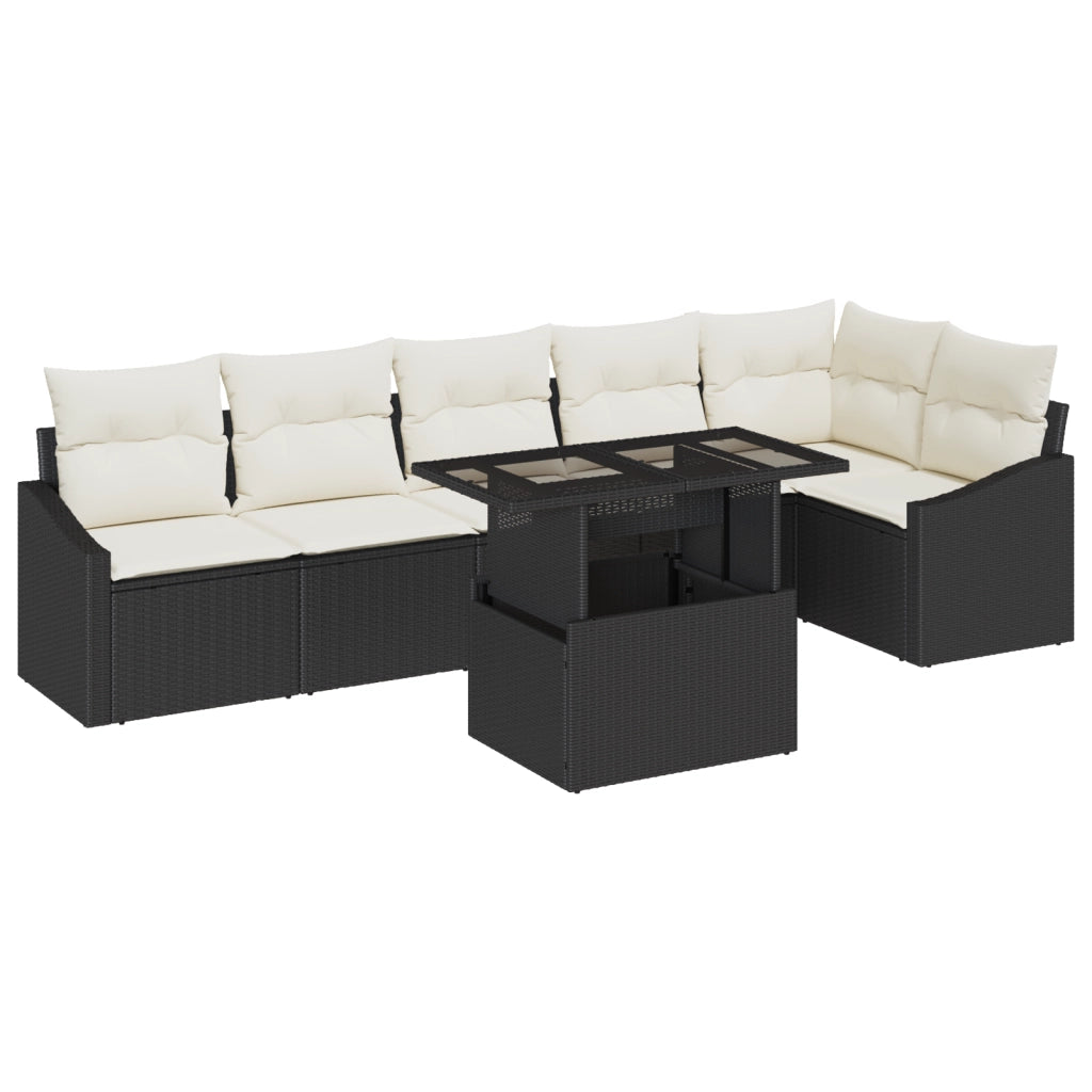 Set di divani da giardino 7 pezzi con cuscini in polirattan nero