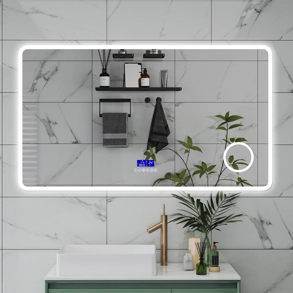 AICA Specchio da bagno  140 x 80 cm,  dimmerabile, Blue tooth,  Funzione Memoria, antiappannamento, 3 colori, Magnificatore,  orologio