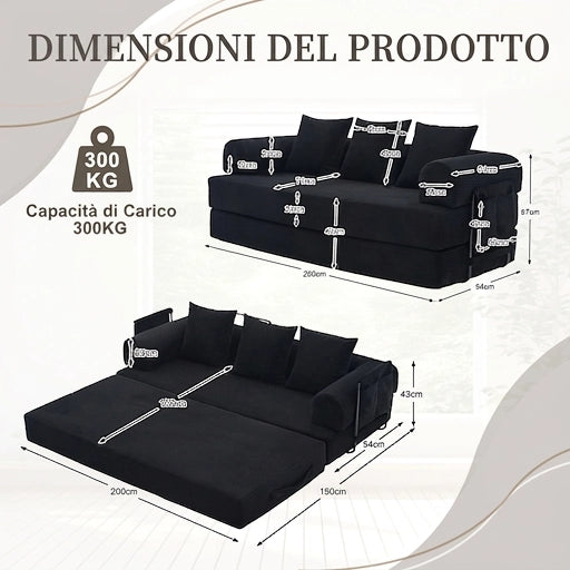 Divano modulare 3 posti 200 cm con struttura in metallo robusta; velluto a coste; nero