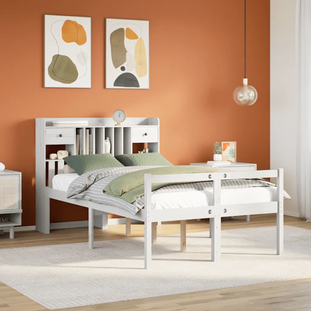 Letto Libreria senza Materasso-Struttura Letto con contenitore Bianco 135x190 cm Legno di Pino 195234