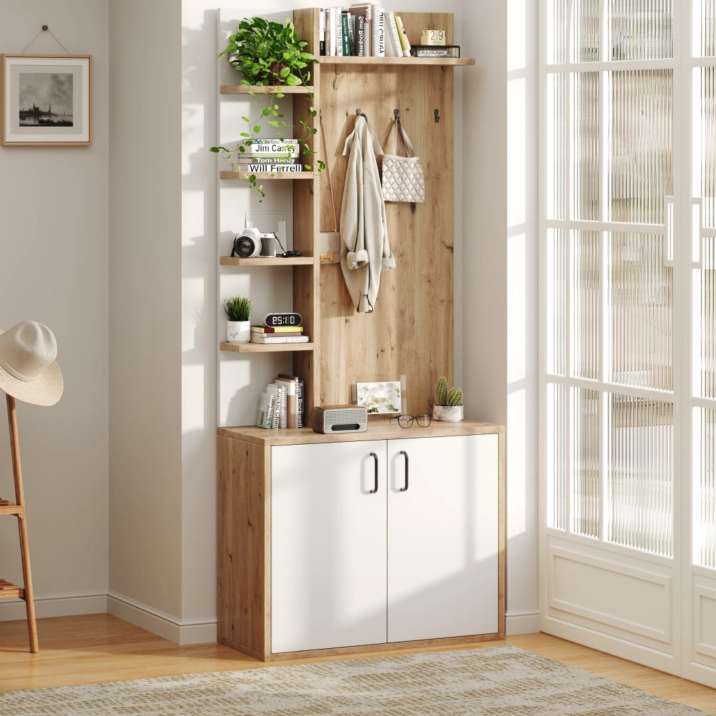 Mobile Ingresso con 6 Ripiani Aperti e Armadietto a 2 Ante; Stile Naturale; in Pannello Truciolare; Legno Naturale e Bianco; 75??33??180 cm