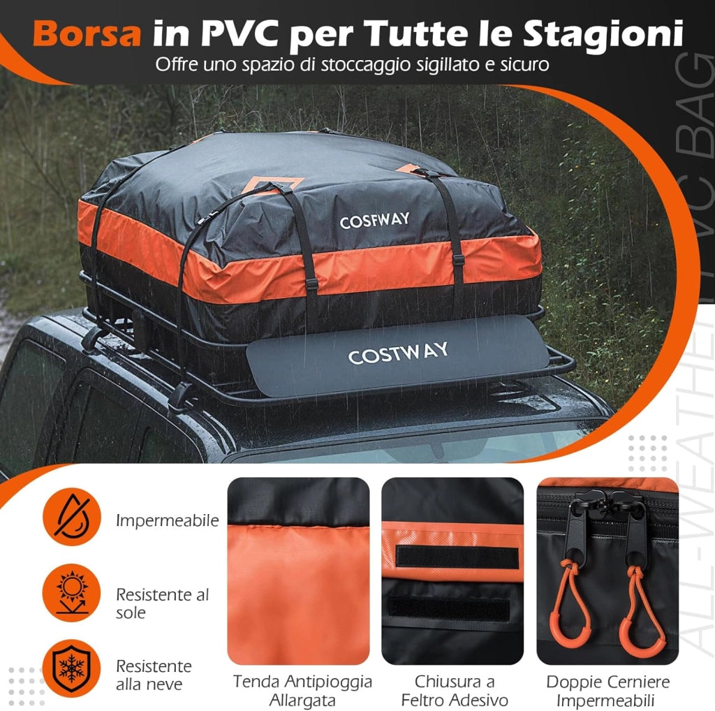 Portapacchi Auto da Tetto, Cestino Portapacchi da Tetto con Borsa per Bagagli e Cinghie a Cricchetto, Portata 90 kg, Barre Portatutto Universale per SUV, Camion, Berlina, 130 x 91 x 17 cm