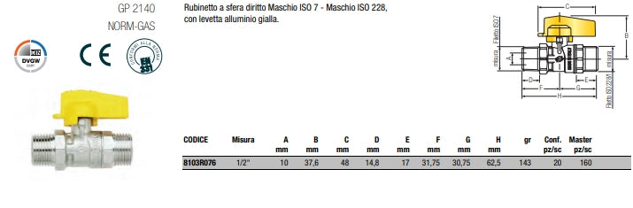 RUBINETTO GAS M/M DIRITTO  1/2  1/2 F.I.V.