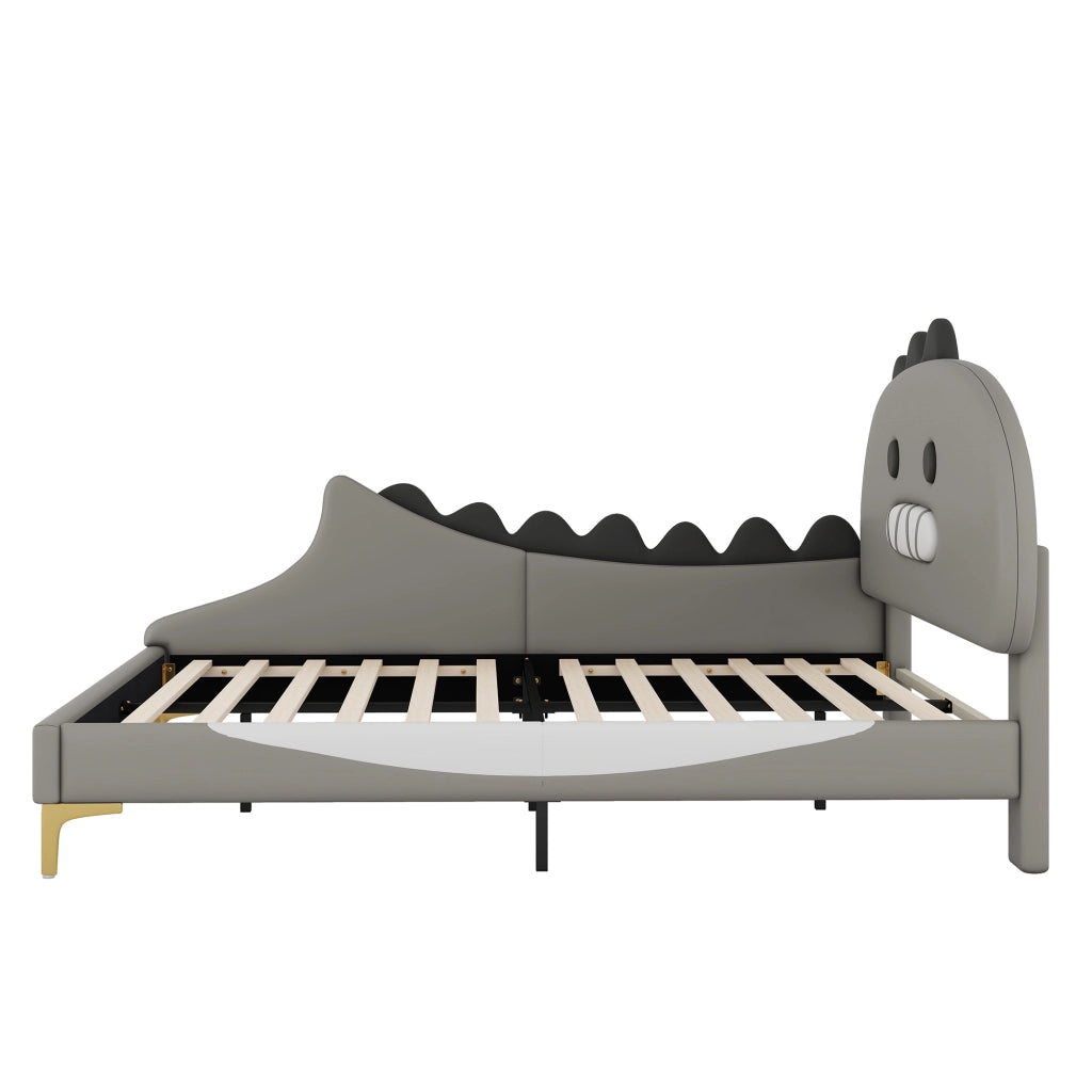 Letto basso per bambini grigio con testiera a forma di dinosauro in PU 140x200 cm