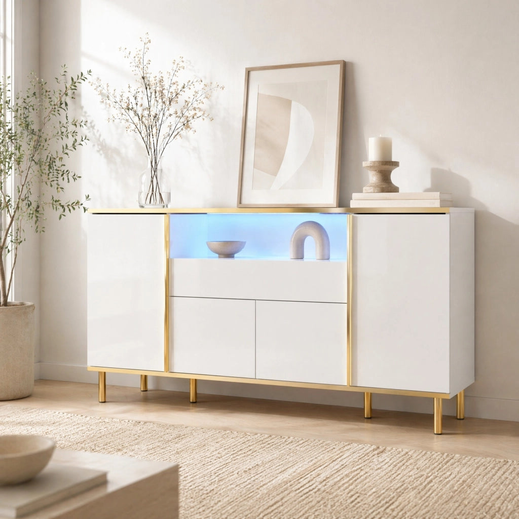 Credenza bianca lucida con LED e dettagli oro