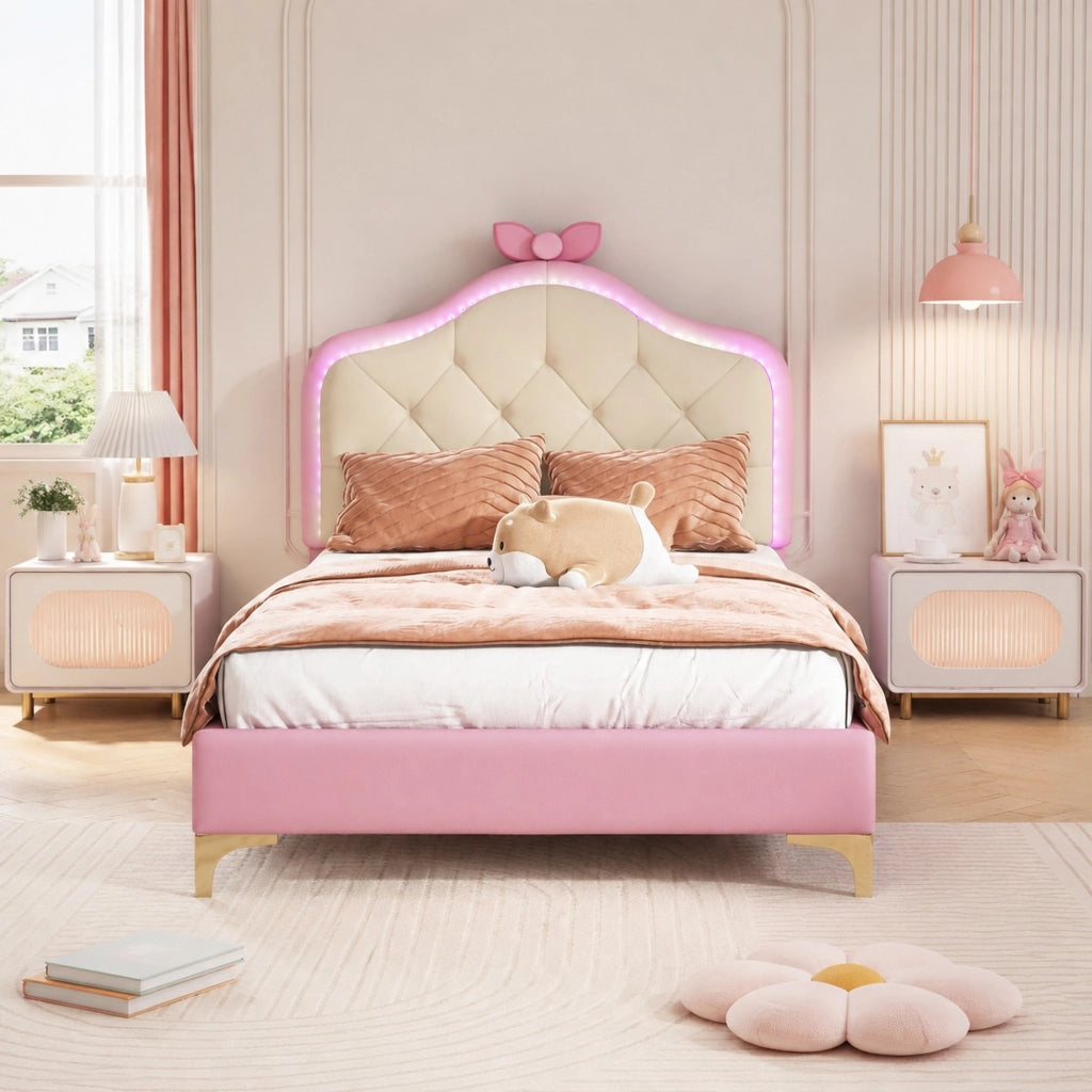 Letto singolo imbottito 90x200 cm con LED, rosa e bianco