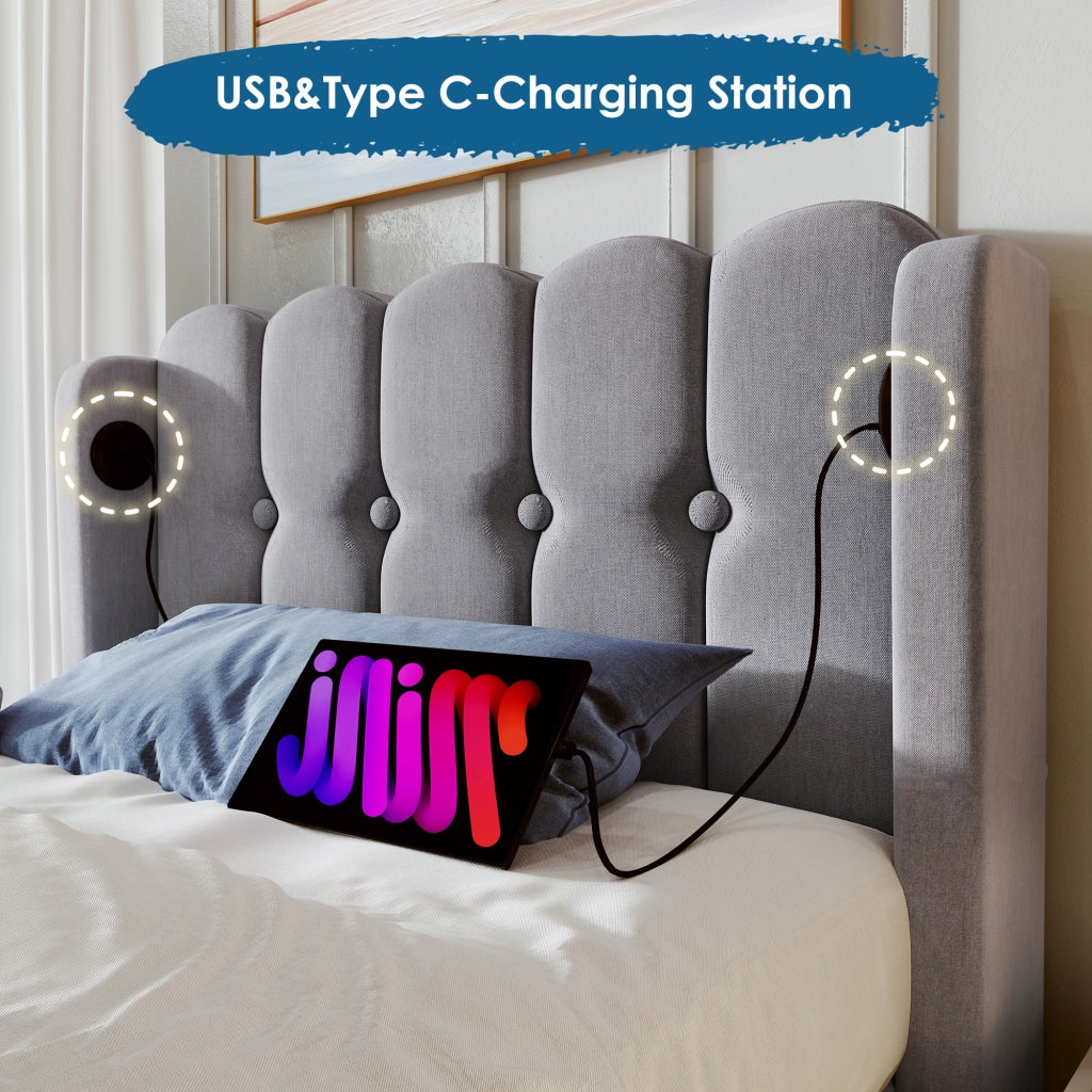 OKWISH Letto Singolo 1 Posto, USB e USB-C, 90 x 200 cm, Con Materasso, Testiera Imbottita, Grigio