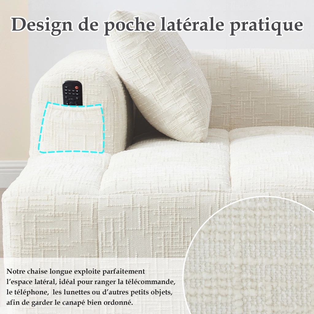 Chaise Longue con Cuscino e Tasche Laterali; Divano Relax in Ciniglia Beige; 158 × 90 × 60 cm