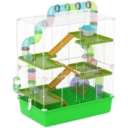 Gabbia Criceti a 5 Livelli con Tubi, Casetta, Serbatoio e Ruota, in Acciaio, PP e PS, 59x36x69 cm, Verde e Bianca
