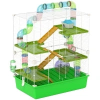 Gabbia Criceti a 5 Livelli con Tubi, Casetta, Serbatoio e Ruota, in Acciaio, PP e PS, 59x36x69 cm, Verde e Bianca