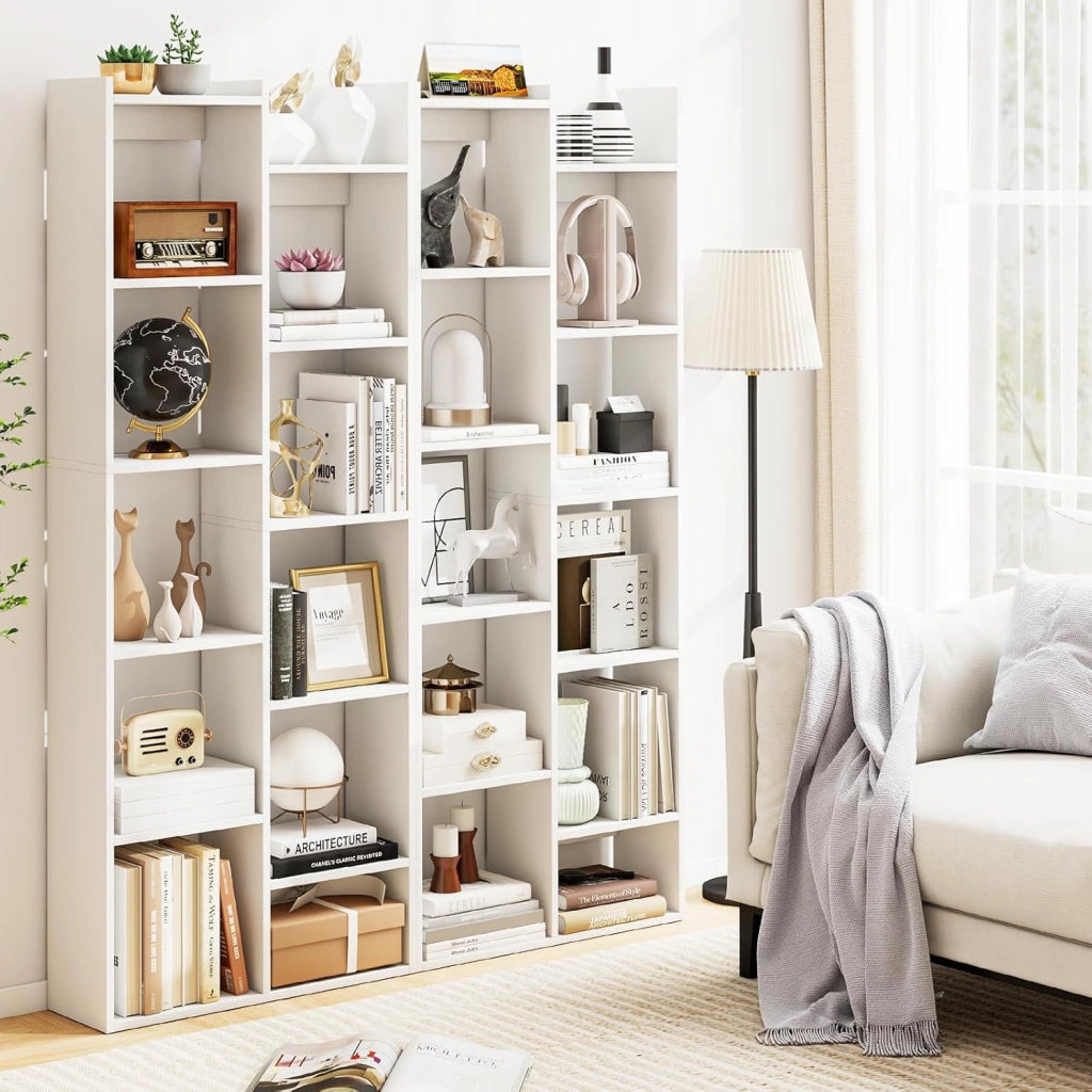 Libreria da Parete a 6 Ripiani con 10 Scomparti e 2 Mensole, Libreria Verticale a Forma di Albero con 2 Dispositivi Anti-Ribaltamento, Scaffale per Soggiorno, 65 x 20 x 162 cm (Bianco)