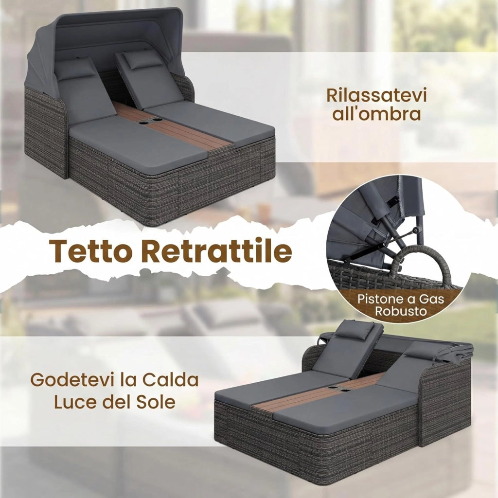 Letto Prendisole Matrimoniale per 2 Persone, Lettino da Giardino in Rattan con Tetto Retrattile e Schienali Regolabili, Isola Prendisole con Tavolino e Portabicchieri per Relax (Grigio)