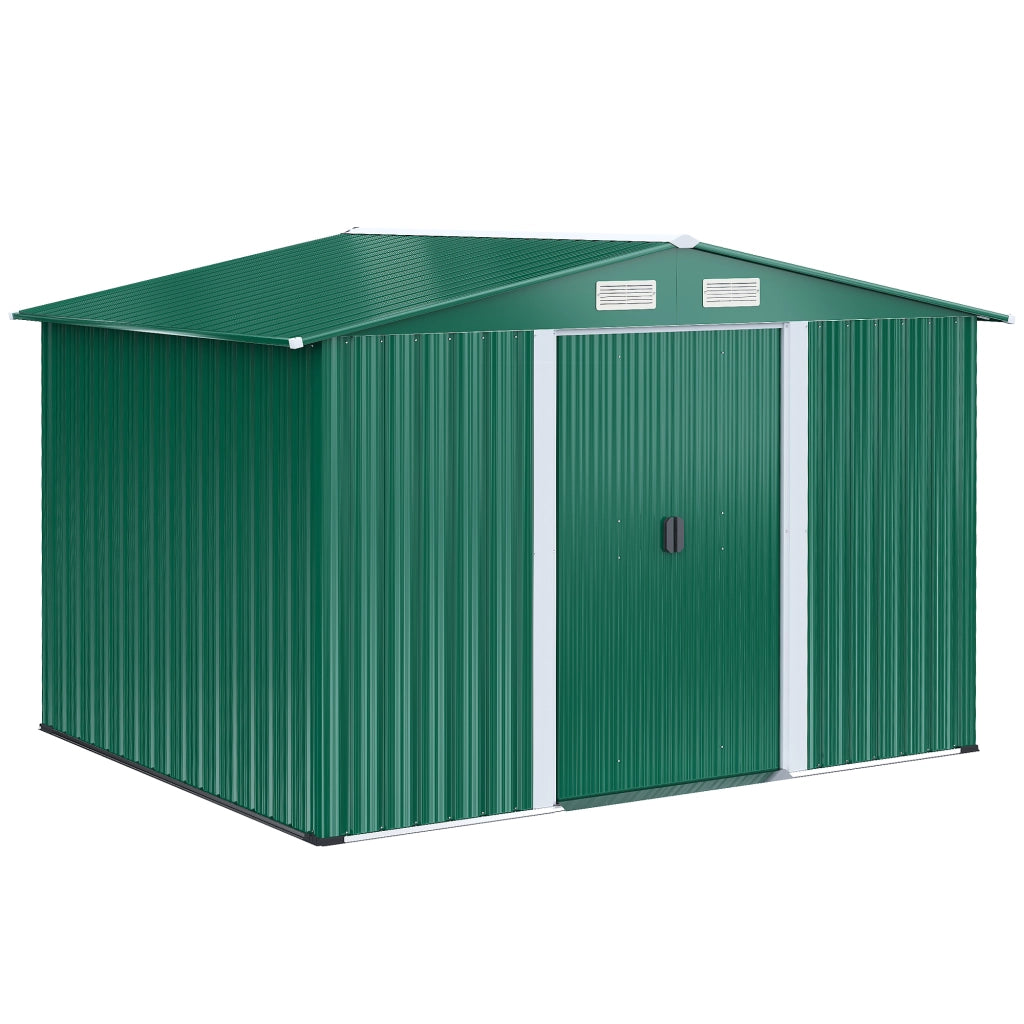 Casetta da Giardino Porta Utensili in Lamiera di Acciaio, Capanno da Giardino in Acciaio con Base e Porte Scorrevoli, 258x206x178cm, Verde