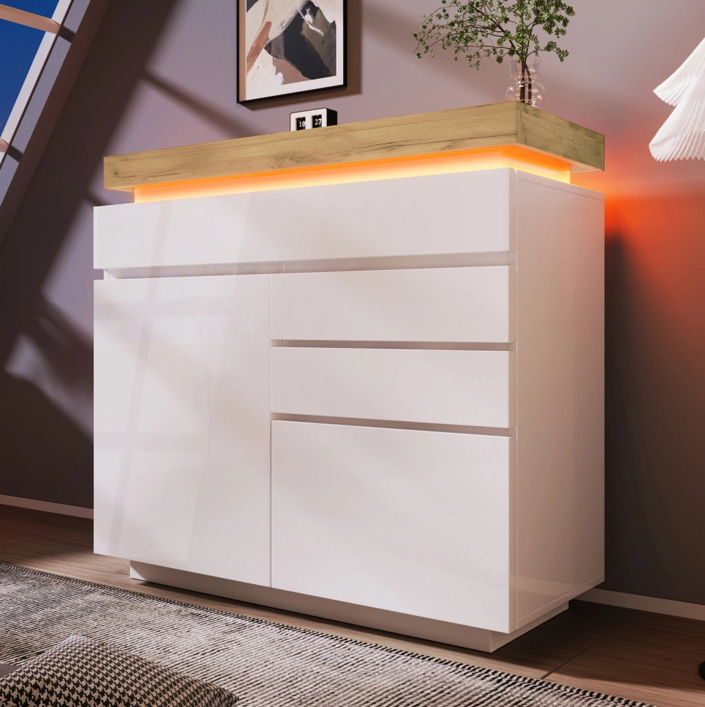 Credenza con illuminazione LED controllabile tramite app; 115 x 110 x 39 cm; bianca