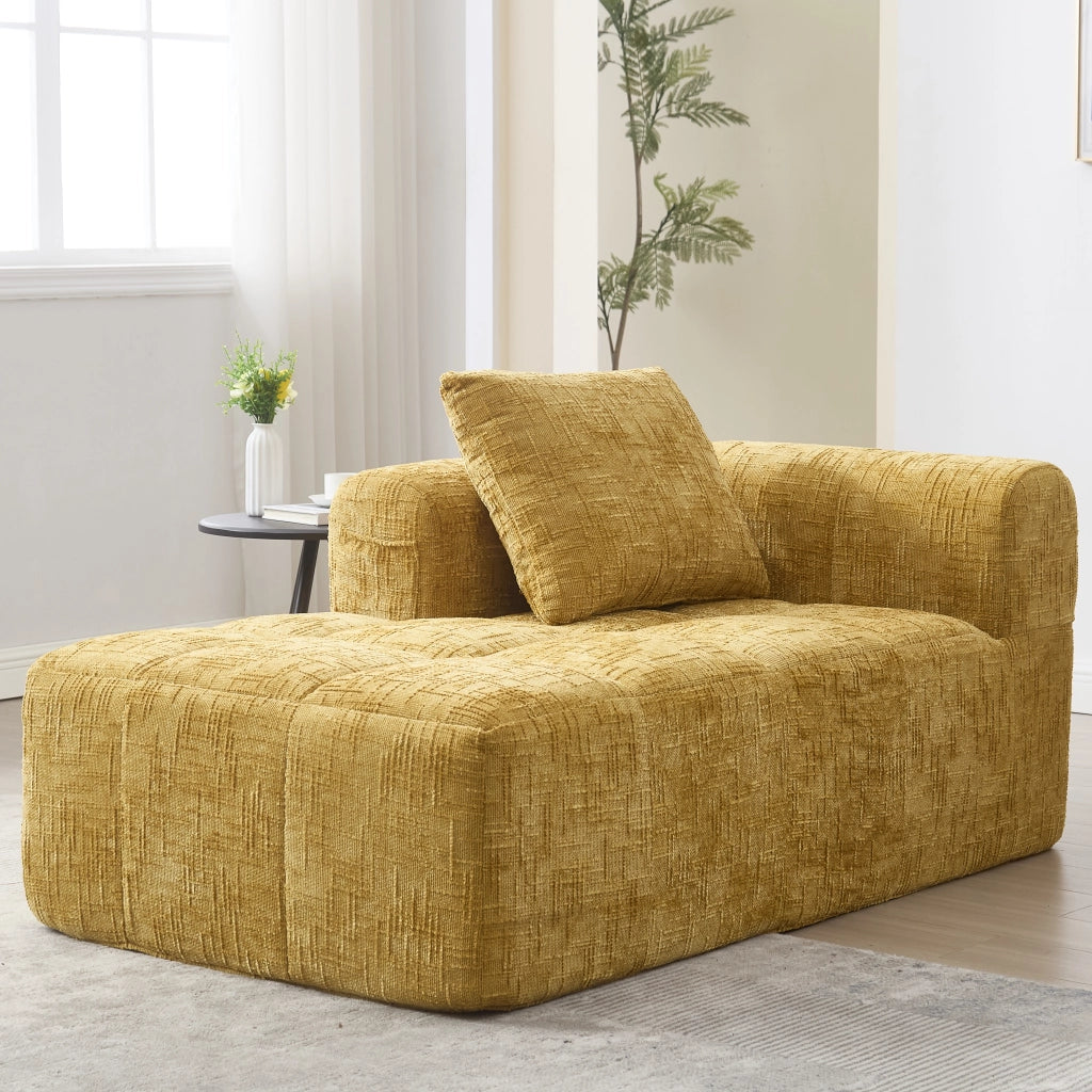 Divano chaise longue imbottito in ciniglia giallo con cuscino e tasche laterali 158 × 90 × 60 cm