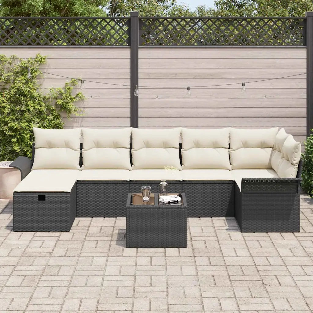 Set Divano da Giardino con cuscino 8 pcs Nero Poly Rattan