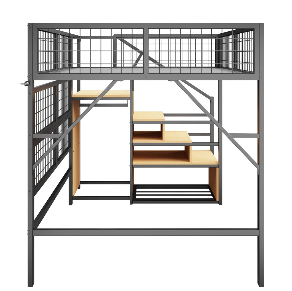 Letto a soppalco 140x200 cm in metallo con scala contenitore e LED; nero