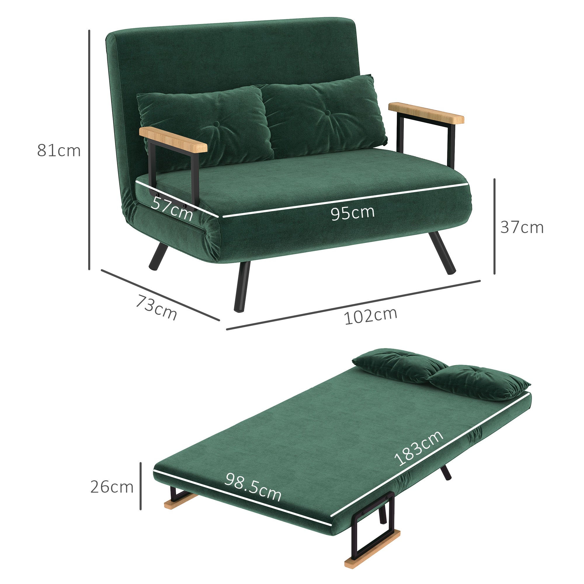 Divano Letto Singolo con Schienale Regolabile 102x73x81 cm in Tessuto Effetto Velluto Verde