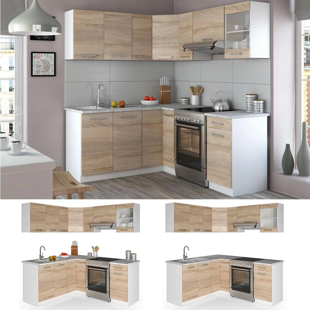 Cucina angolare completa Rick, Sonoma, 167 x 60 cm, PL Marmo con striscia LED