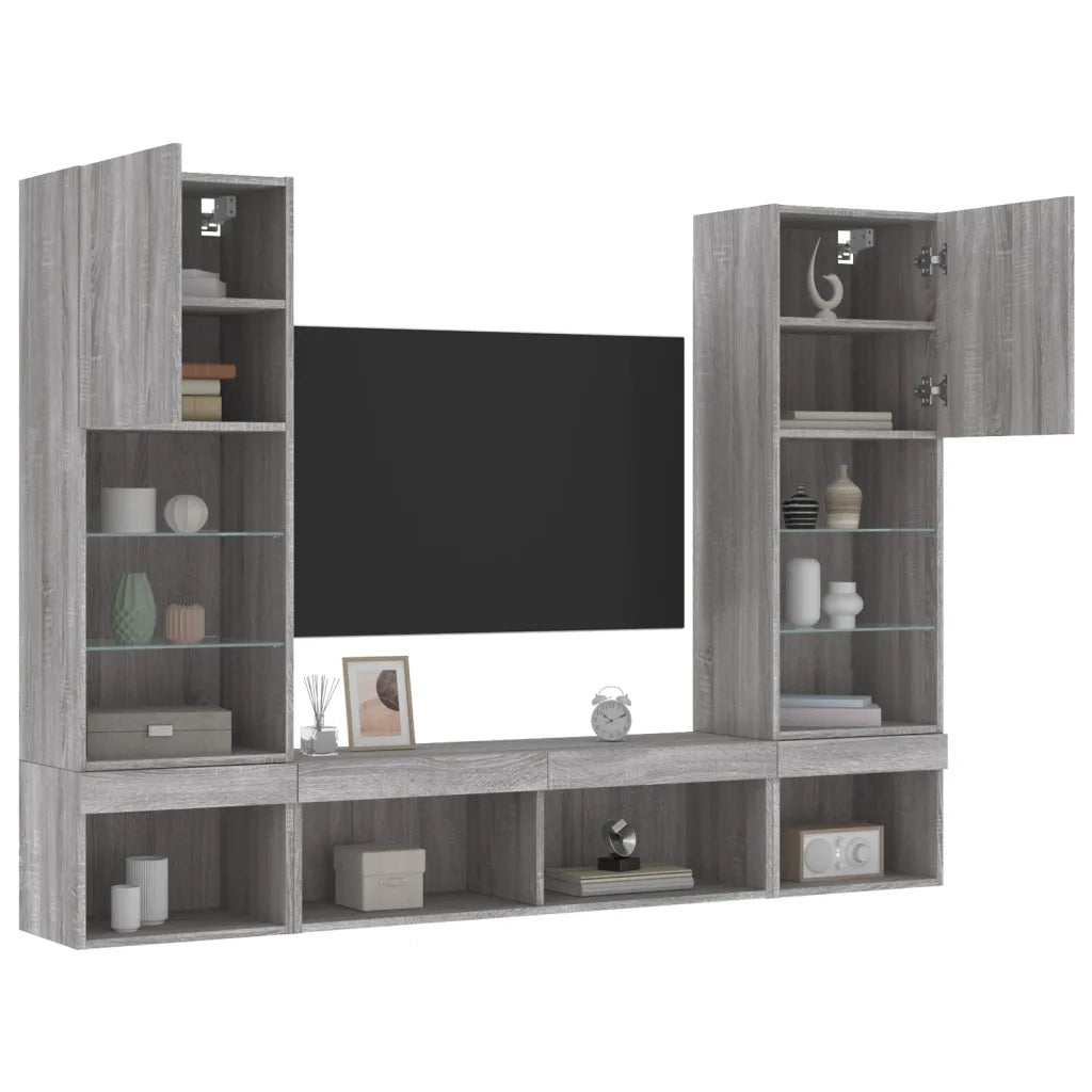Mobili TV a Muro con LED 5pz Grigio Sonoma in Legno Multistrato 3216695