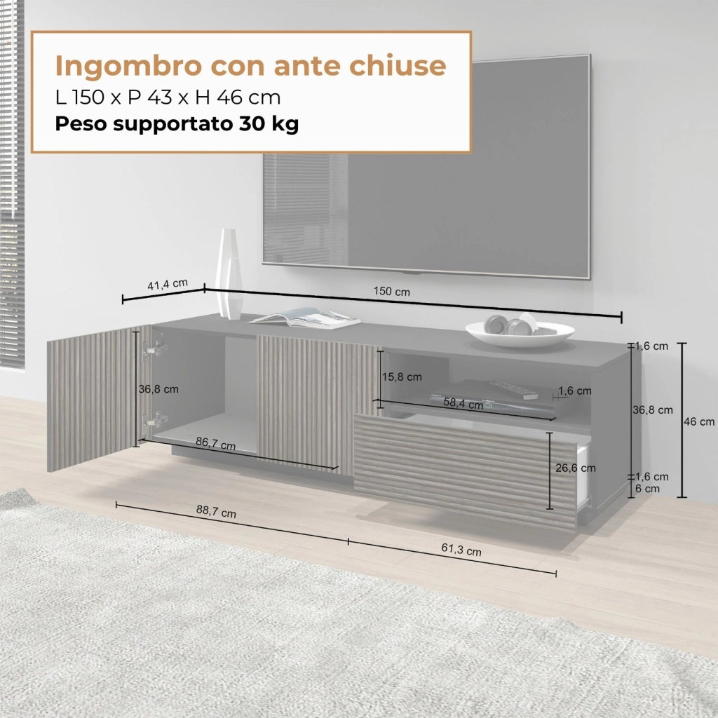 WHOUS Mobile porta tv Coste a 2 ante 1 cassetto e 1 vano antracite/legno scuro 150x43x46 cm