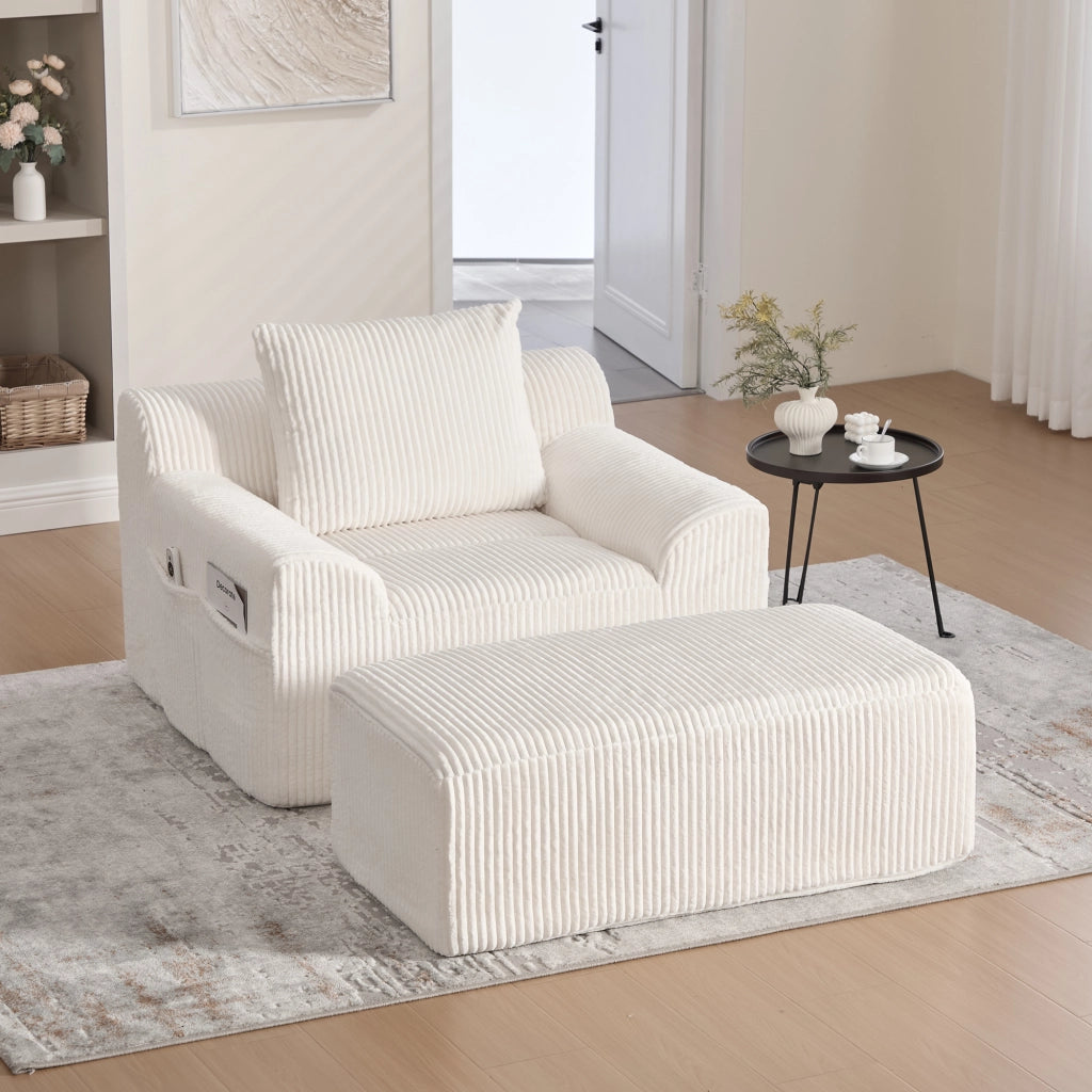 OKWISH Poltrona con Poggiapiedi in Velluto a Coste Seduta Profonda con Tasche Laterali e Cuscino Beige