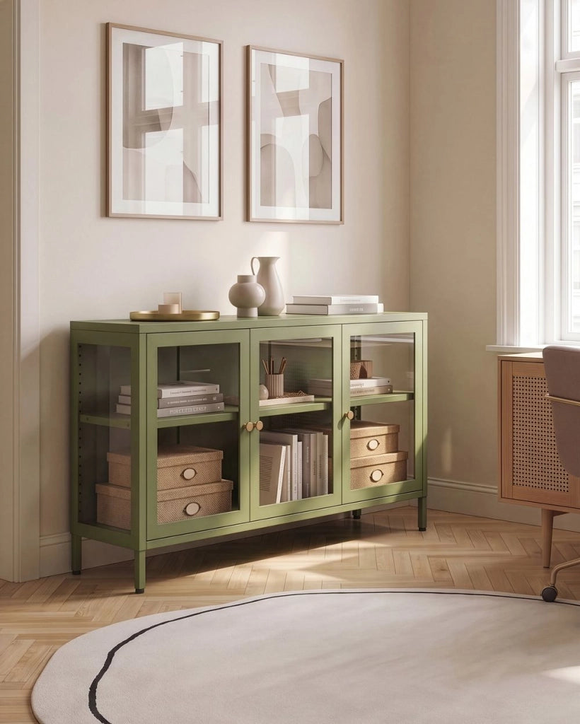 Credenza in acciaio con vetro temperato a 3 ante e ripiani regolabili verde arredi per il soggiorno dal design moderno.