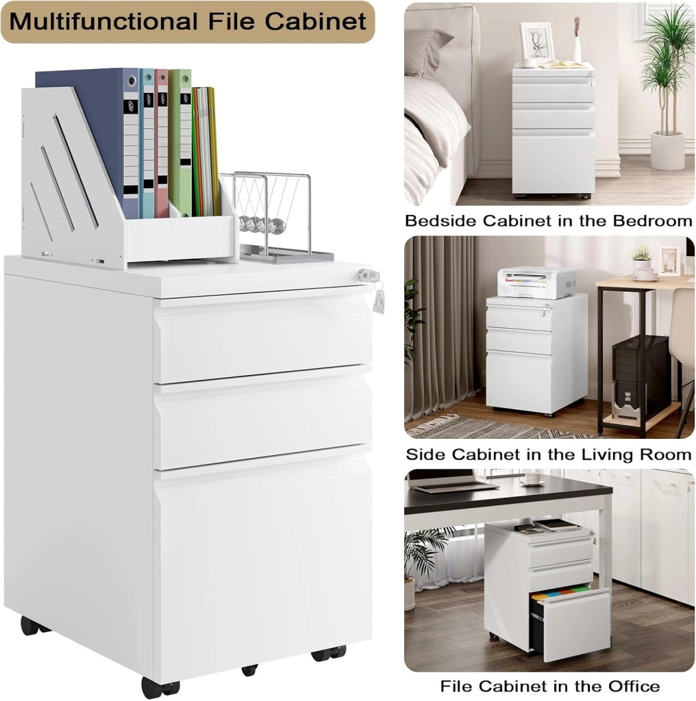 Cassettiera da Ufficio a 3 Cassetti, Schedario con Serratura e Chiave, Mobile con Ruote per Documenti di Diverse Dimensioni, in Metallo, Bianco, 39x46x62cm, ASK03ws