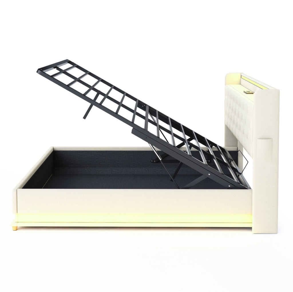 Letto imbottito 160x200 cm con LED, USB e contenitore idraulico